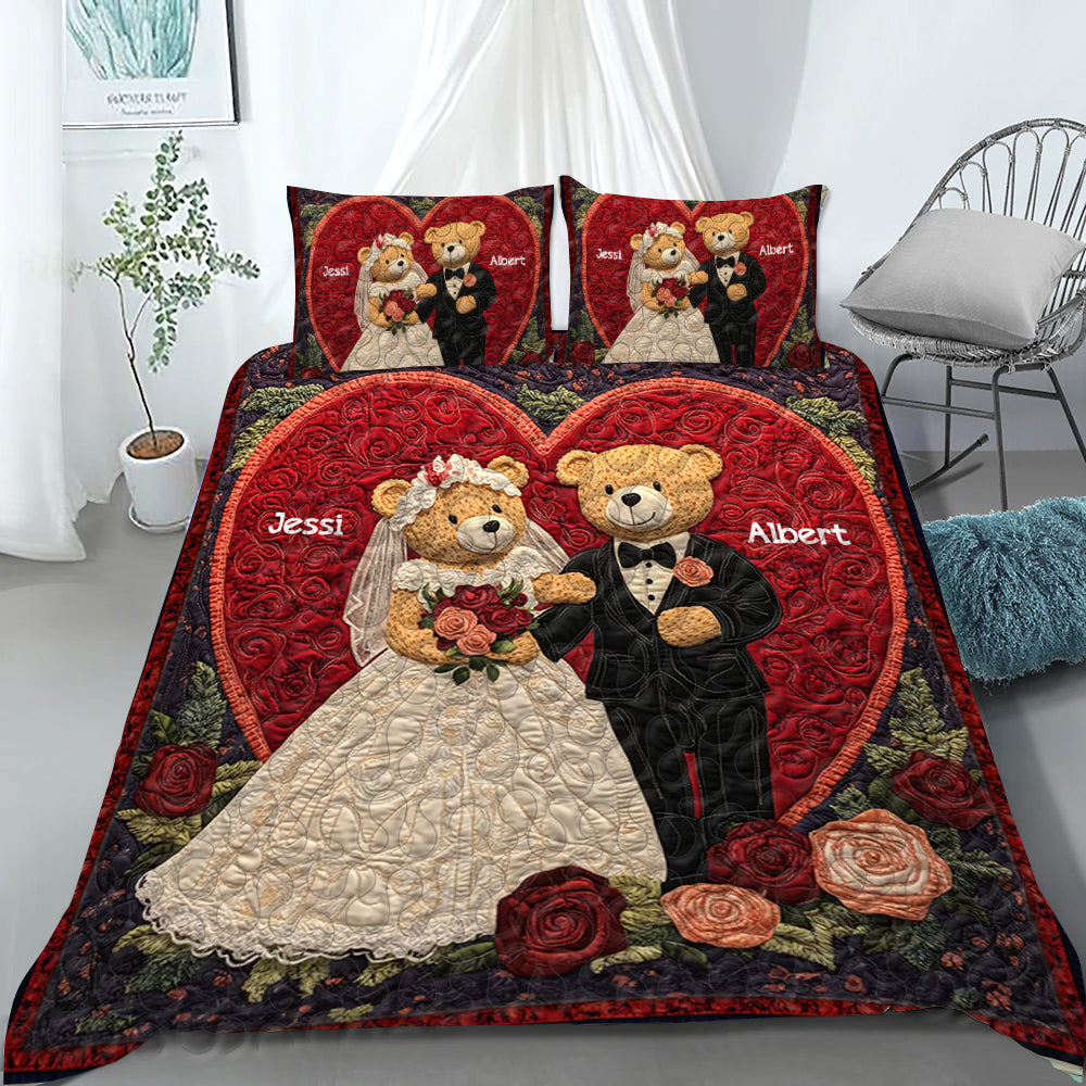 Personalized Gift For Couples Quilt Bedding Set Bear Couple In Wedding Day 04HULU060125 - Blanket - GoDuckee