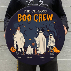 Boo Crew, Gift For Family, Personalized Round Wooden Sign, Ghost Family Wood Sign, Halloween Gift - Wood Sign - GoDuckee