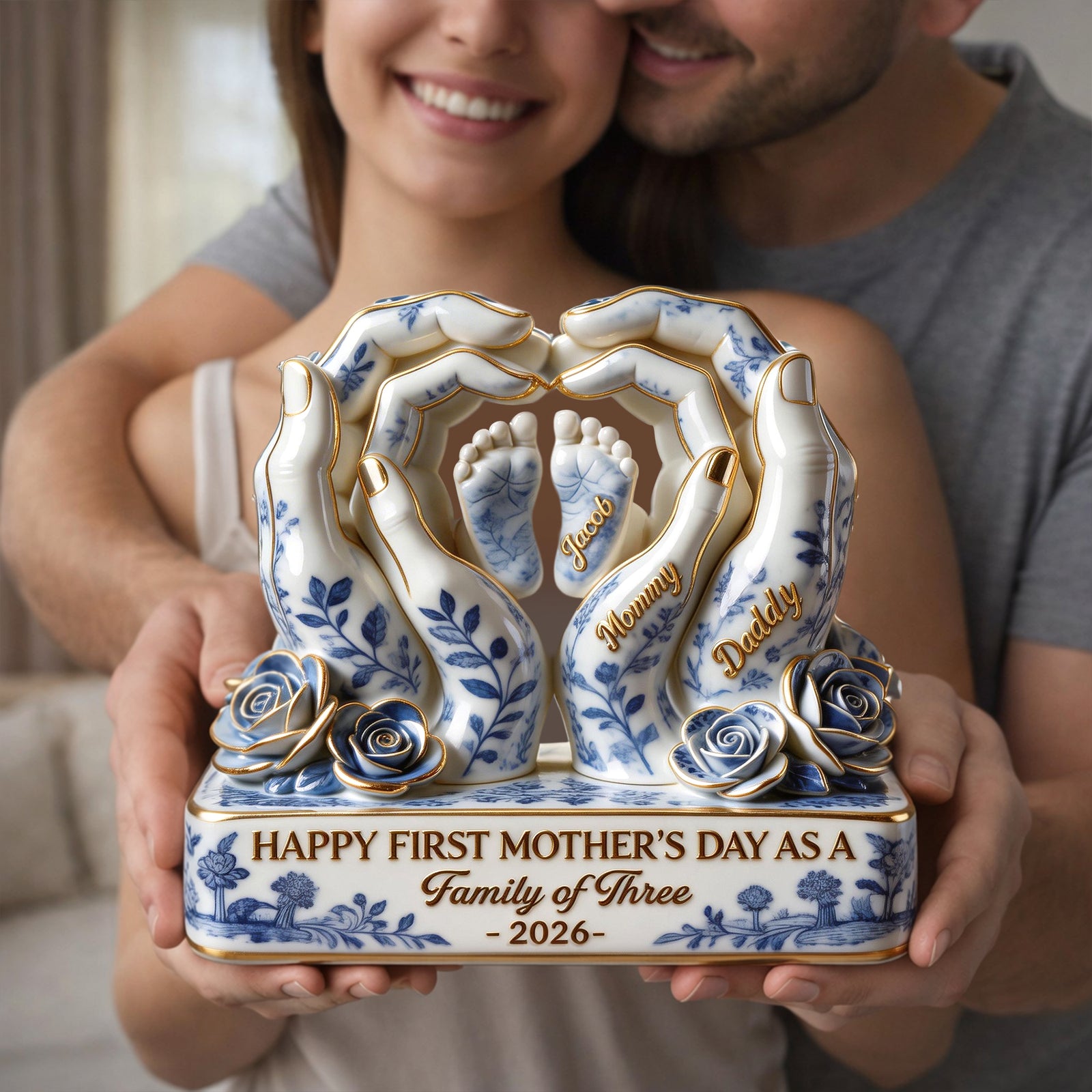 Toile De Jouy Family First Mother's Day Plaque - Personalized Gifts For Moms 02QHLU130326 - Shaped Plaques - GoDuckee