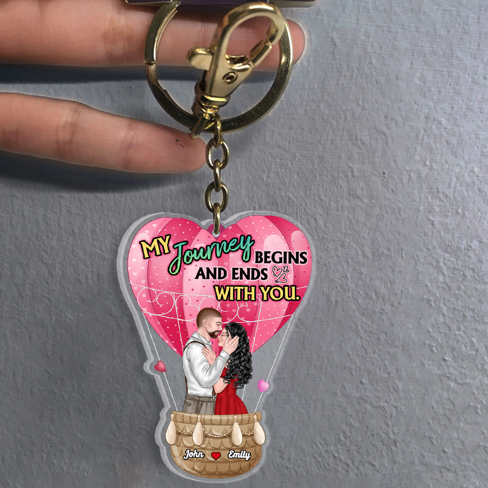 My Journey Begins And Ends With You, Couple Gift, Personalized Keychain, Kissing Couple Hot Air Balloon Keychain - Keychains - GoDuckee