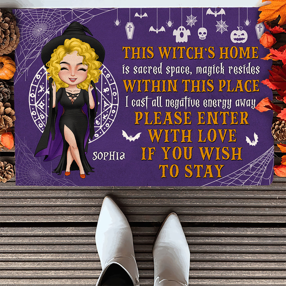 Please Enter With Love If You Wish To Stay-Personalized Door Mat- Halloween Gift- Witch Door Mat - Doormat - GoDuckee