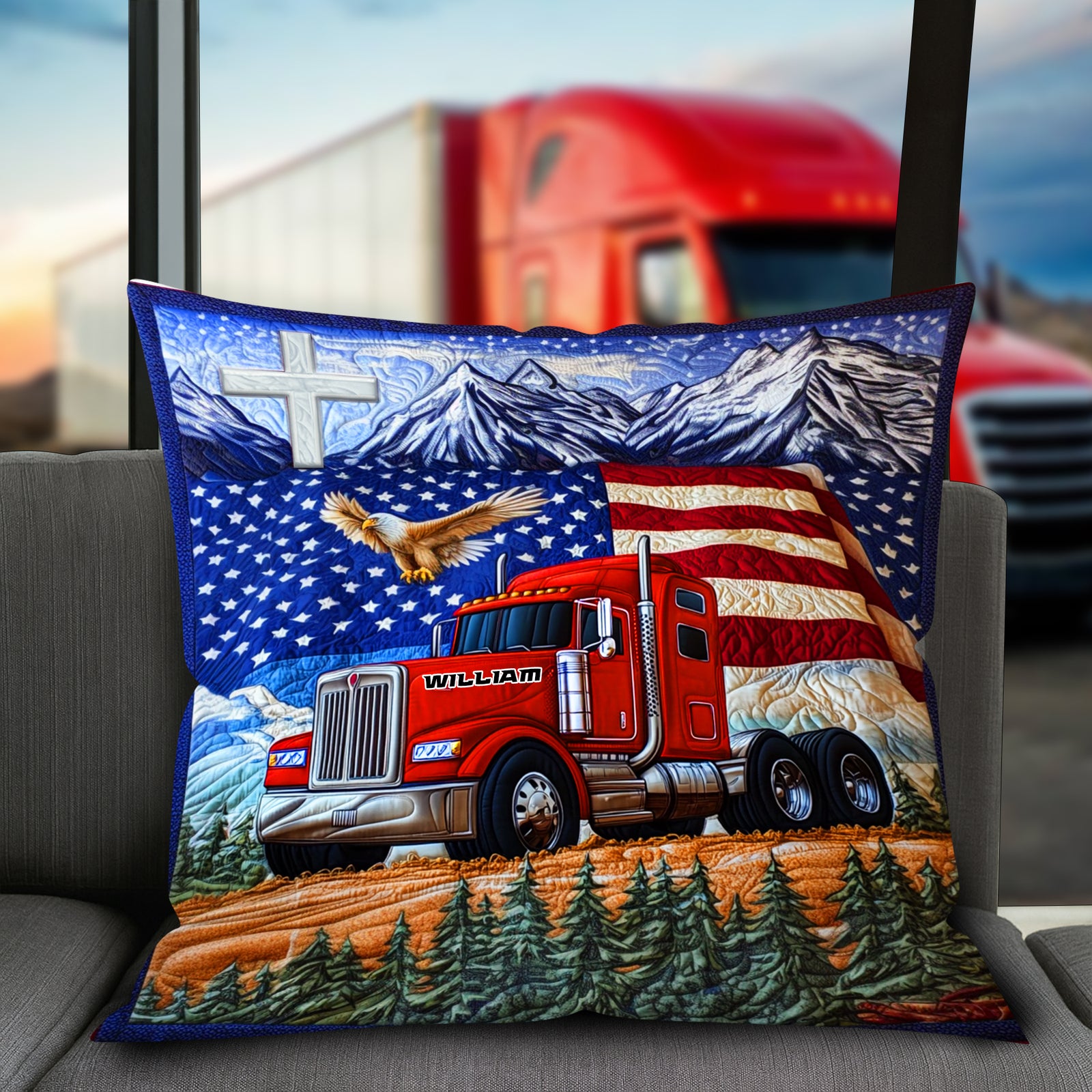 Trucker’s Pride Patriotic Square Pillow - Personalized Gifts For Truck Lovers 03TGLU270625 - Pillow - GoDuckee