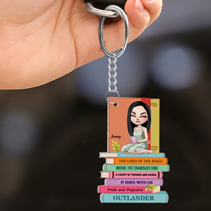 Gift For Book Lover, Personalized Keychain, Girl Reading Book Custom Title Keychain - Keychains - GoDuckee