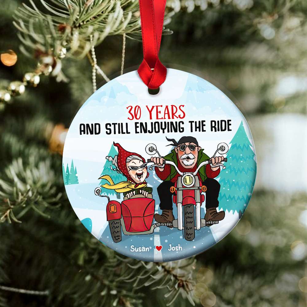 Still Enjoying The Ride, Couple Gift, Personalized Ceramic Ornament, Old Couple Biker Ornament, Christmas Gift 01NAHN160923 - Ornament - GoDuckee