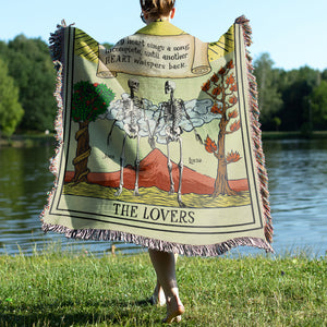 The Lovers, Couple Gift, Personalized Woven Blanket, Tarot Card Skull Couple Blanket - Blanket - GoDuckee