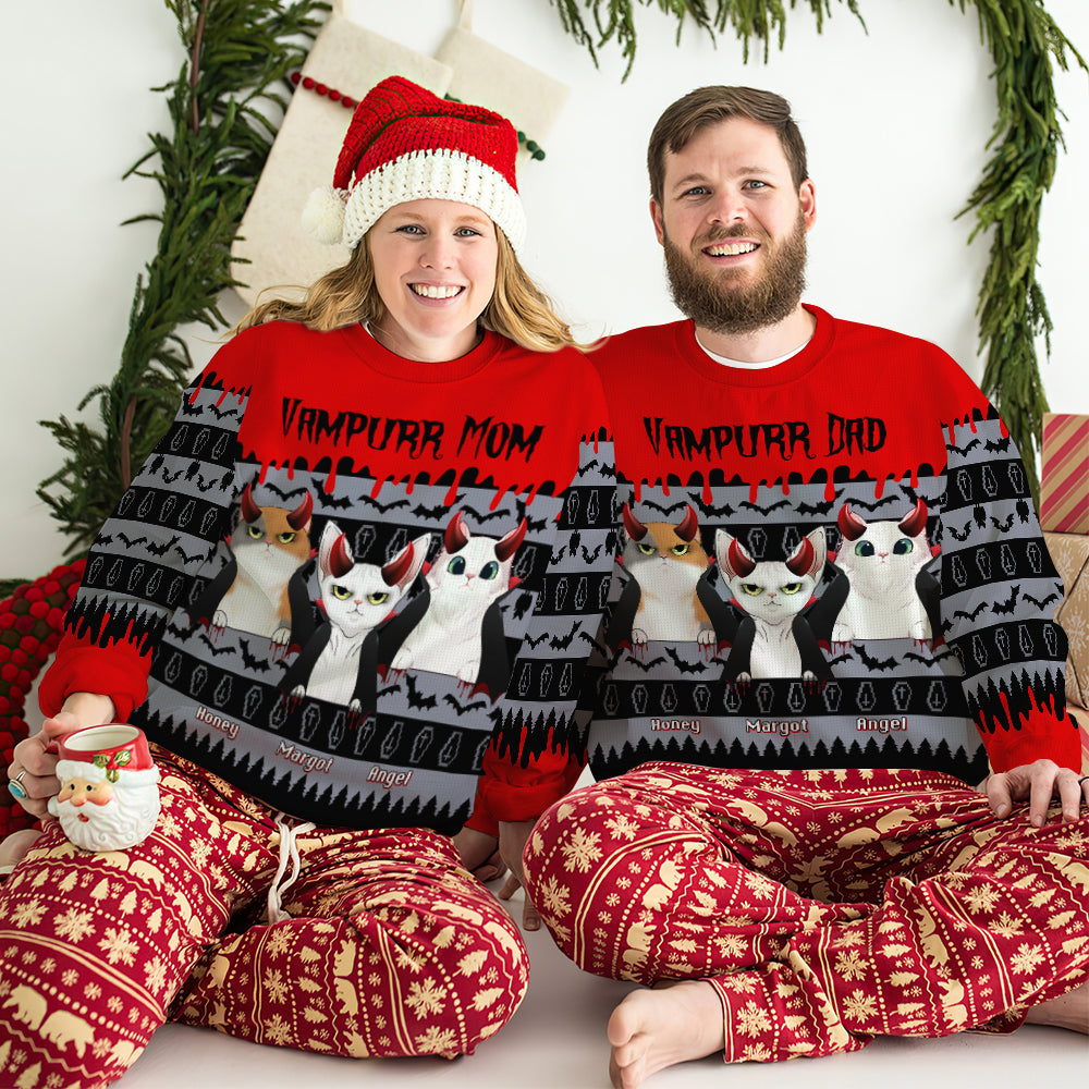Vampurr Mom And Dad, Gift For Cat Lovers, Personalized Knitted Ugly Sweater, Vampire Cat Sweater, Halloween Gift - AOP Products - GoDuckee