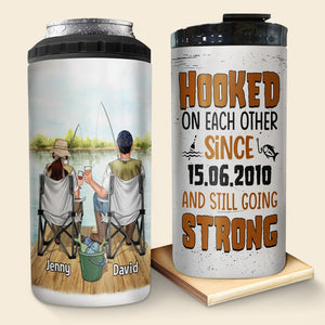 Hooked On Each Other And Still Going Strong- Gift For Couple-Personalized 4 In 1 Can Cooler Tumbler-Fishing Couple - Can Cooler - GoDuckee