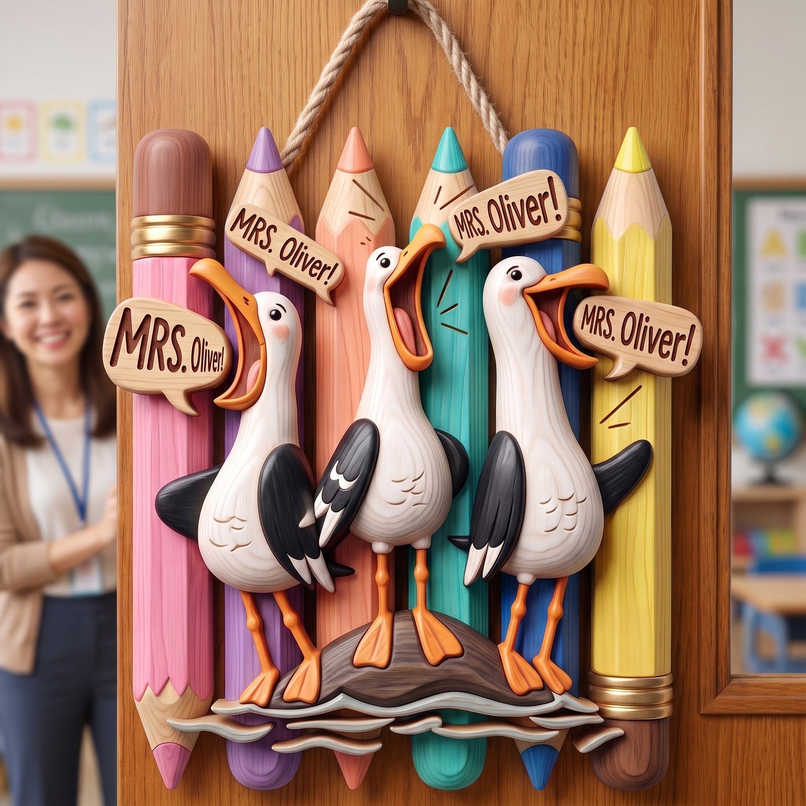 Cute Beachy Seagull Wood Sign - Personalized Gift For Teachers 02HUQN080826 - Wood Sign - GoDuckee