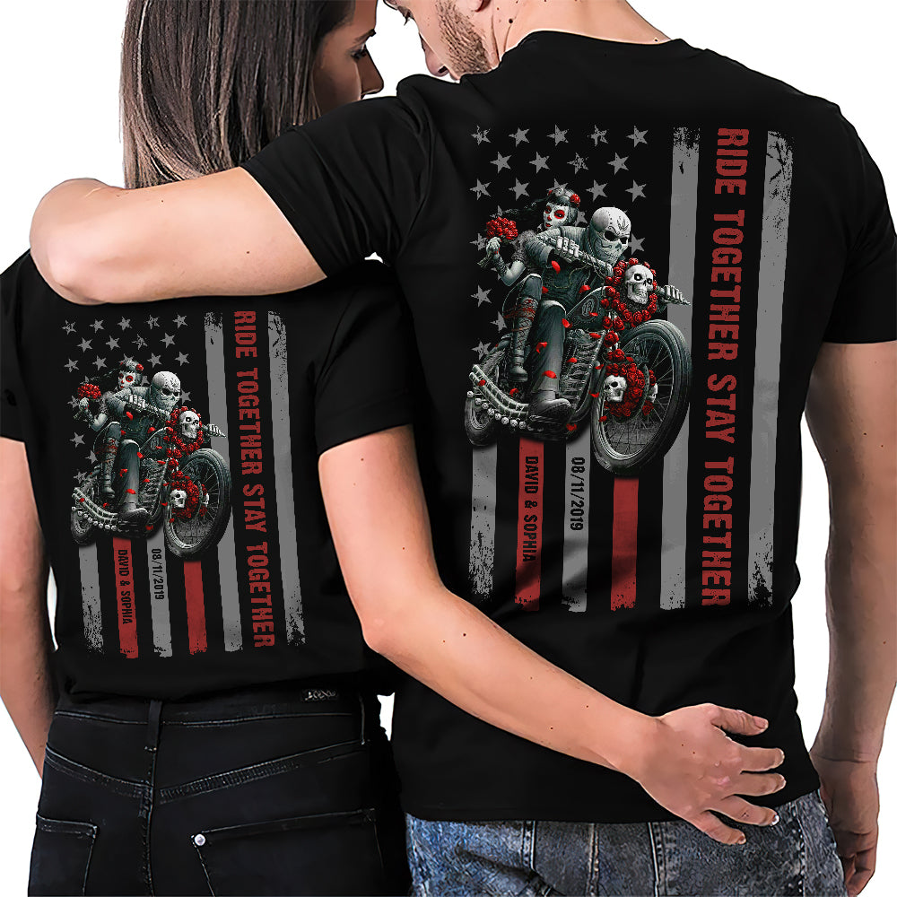 Ride Together Stay Together, Personalized Shirt, Skull Couple Rose Bike Shirt, Gift For Loved One - Shirts - GoDuckee
