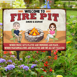 Welcome To Fire Pit, Gift For Couple, Personalized Metal Sign, Camping Couple Metal Sign - Metal Wall Art - GoDuckee
