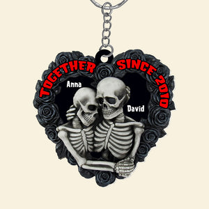 Personalized Skeleton Couple Keychain, Gift For Couple, Black Rose Heart Shape - Keychains - GoDuckee