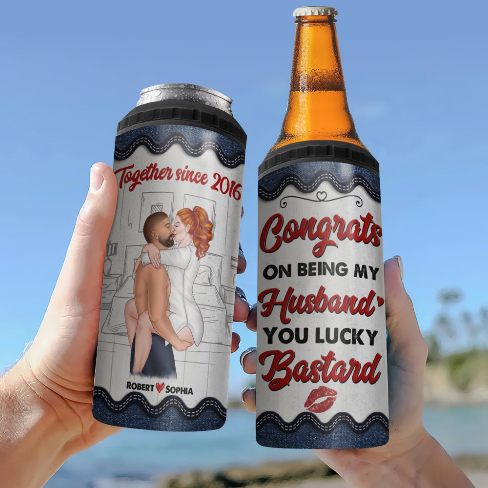 Congrats On Being My Husband, Personalized Can Cooler Tumbler, Naughty Couple, Gift For Couple - Can Cooler - GoDuckee