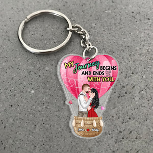 My Journey Begins And Ends With You, Couple Gift, Personalized Keychain, Kissing Couple Hot Air Balloon Keychain - Keychains - GoDuckee
