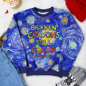 Broken Crayons Still Color, Gift For Teacher, Personalized Knitted Ugly Sweater, Teacher Crayon Sweater - AOP Products - GoDuckee