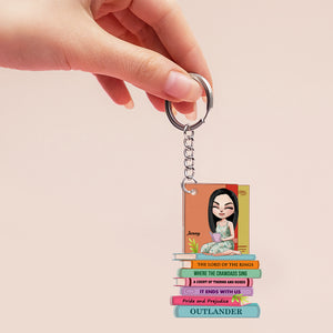 Gift For Book Lover, Personalized Keychain, Girl Reading Book Custom Title Keychain - Keychains - GoDuckee