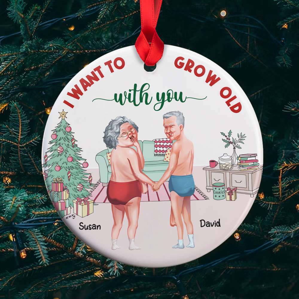 Couple Want To Grow Old With You, Personalized Ceramic Ornament, Funny Christmas Old Couple, Gift For Him/Her - Ornament - GoDuckee