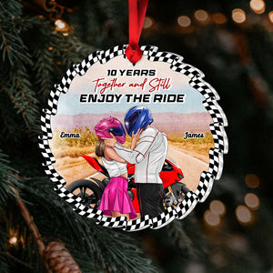 Together And Still Enjoy The Ride, Couple Gift, Personalized Acrylic Ornament, Biker Couple Ornament, Christmas Gift - Ornament - GoDuckee