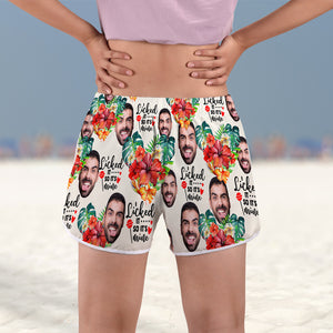 Licked It So It's Mine, Personalized Couple Beach Shorts, Tropical Flower Pattern, Gift For Him, Gift For Her - Beach Shorts - GoDuckee