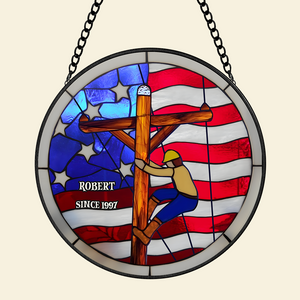 Personalized Gifts For Lineman Suncatcher, Proud American Lineman Stained Glass 01QHPU280824 - Ornament - GoDuckee