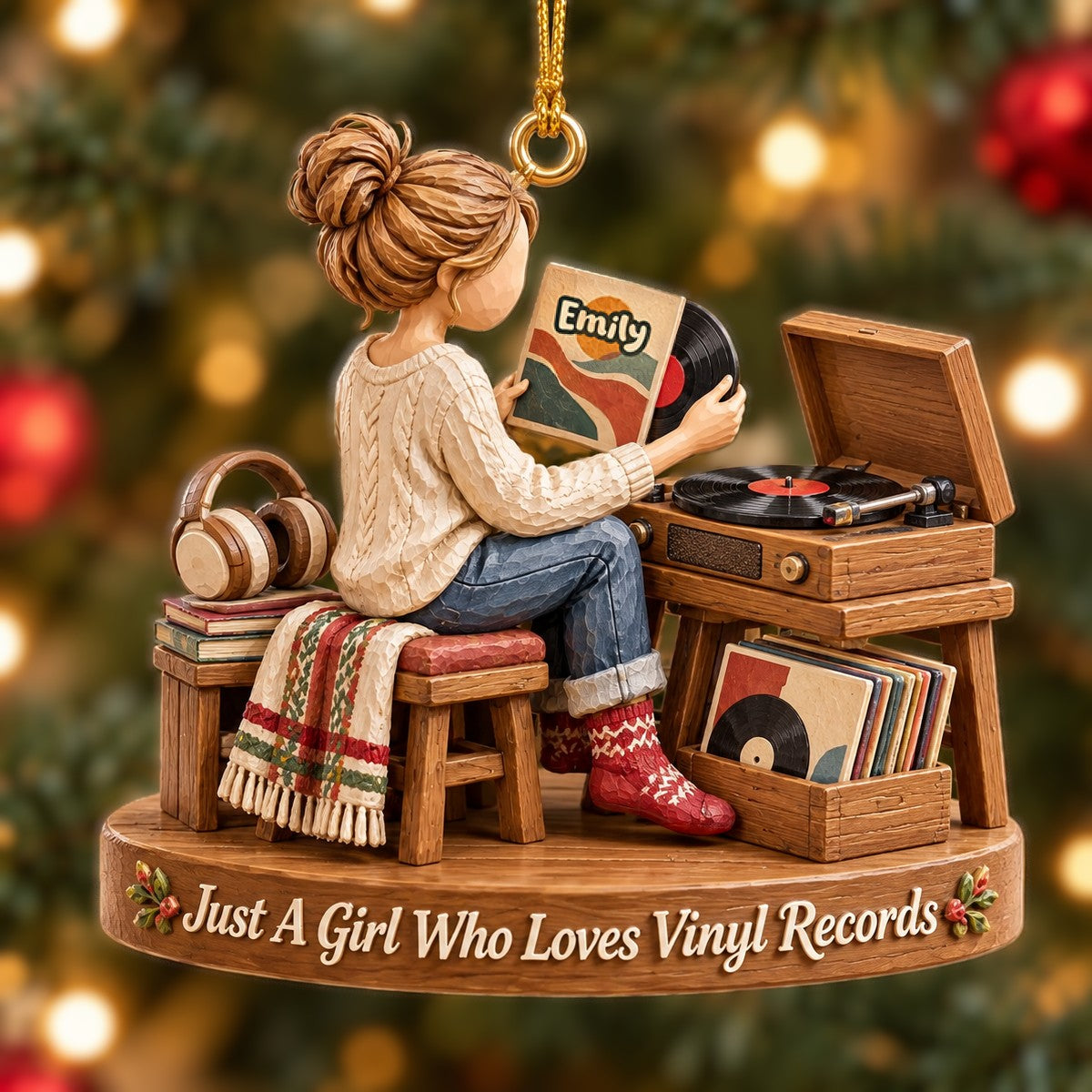 Vinyl Record Girl Wood Effect Ornament, Personalized Gifts For Vinyl Records Lovers 02qhta141026 - Ornament - GoDuckee