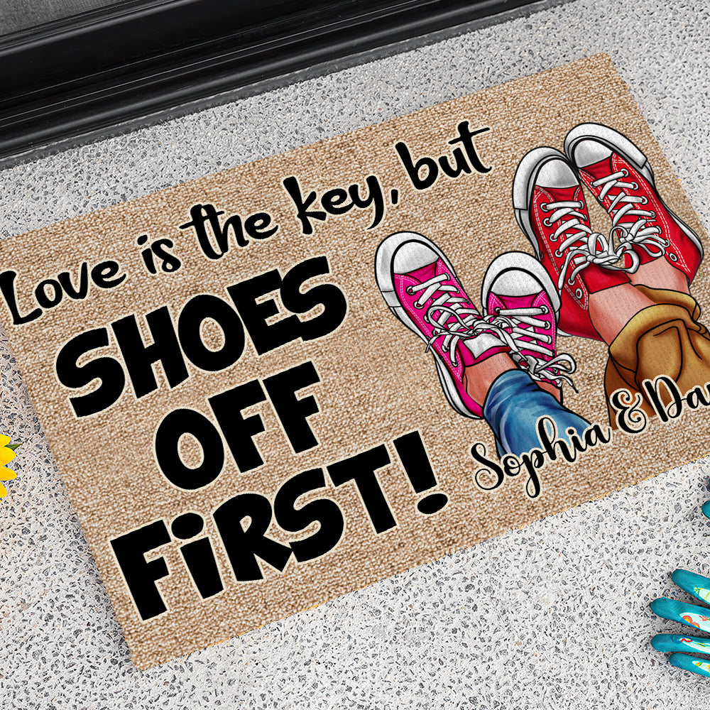 Love Is The Key But Shoes Off First, Personalized Doormat, Couple Shoes Gifts 02KADT040124 - Doormat - GoDuckee
