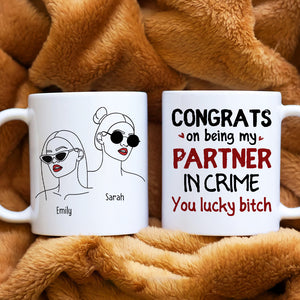 Congrats On Being My Partner In Crime, Gift For Bestie, Peesonalized Mug, Glasses Girl Coffee Mug, Bestie Gift - Coffee Mug - GoDuckee