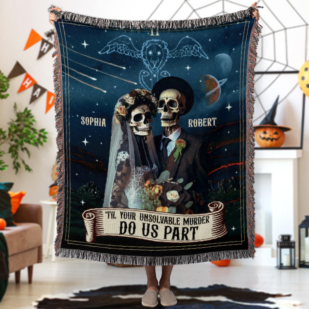 Til Your Unsolvable Murder Do Us Part-Personalized Woven Blanket- Gift For Him/ Gift For Her- Halloween Gift- Skull Couple Blanket - Blanket - GoDuckee