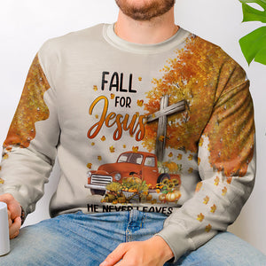 Fall For Jesus He Never Leaves, Autumn Shirt, Gifts For Christian - AOP Products - GoDuckee