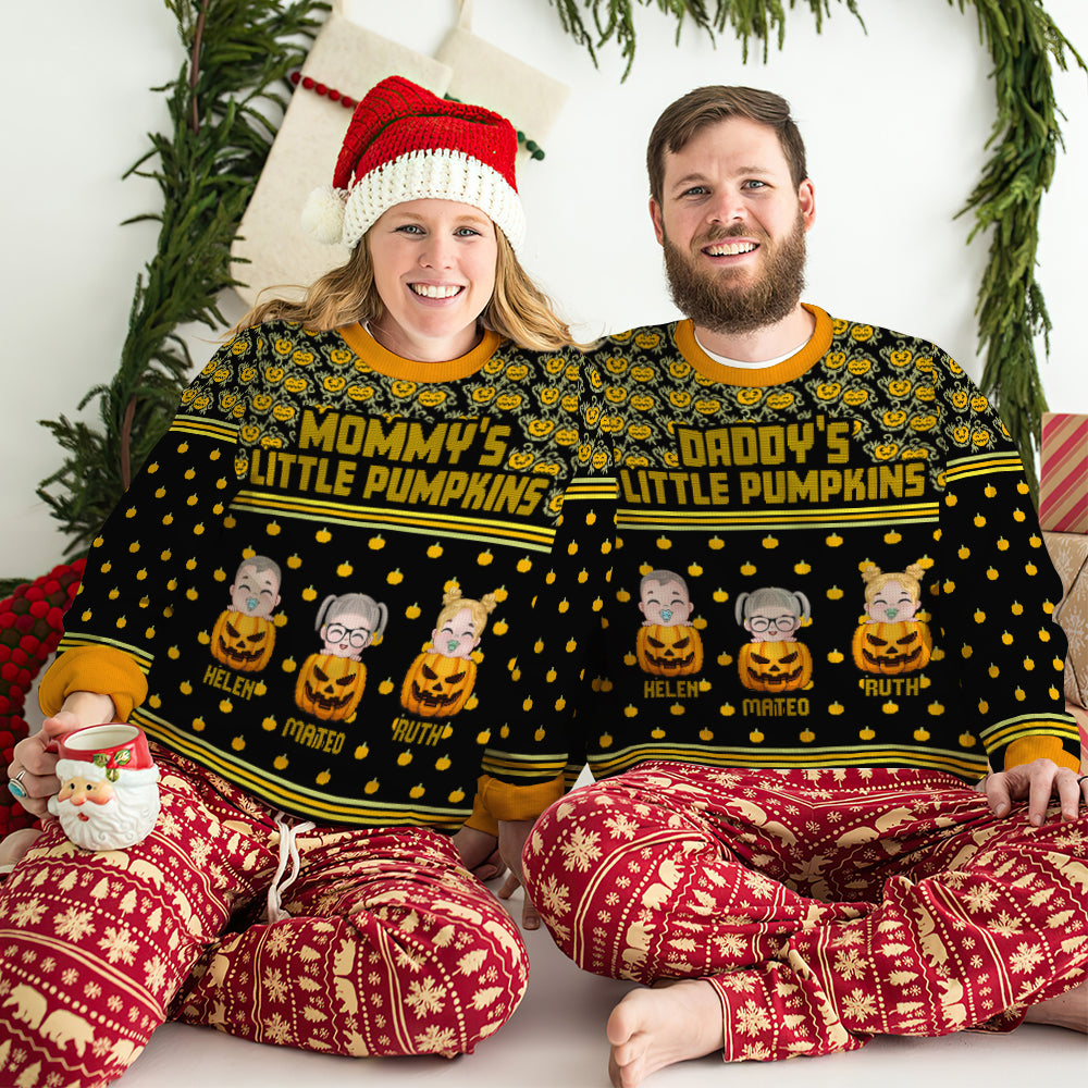 Family's Little Pumpkin, Gift For Family, Personalized Knitted Ugly Sweater, Peeking Kid Sweater, Halloween Gift - AOP Products - GoDuckee