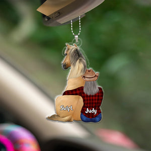 Gift For Horse Lover, Personalized Car Ornament, Cowgirl Hugging Horse Ornament - Ornament - GoDuckee