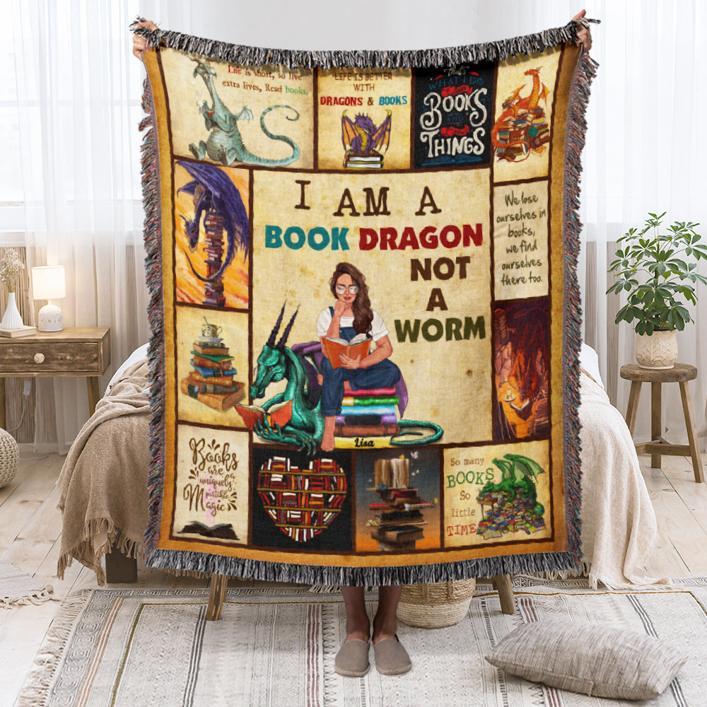 I Am A Book Dragon Not A Worm-Personalized Woven Blanket-Gift For Book Lover- Dragon Book Blanket - Blanket - GoDuckee