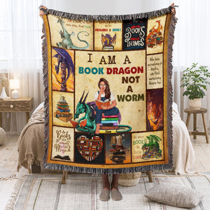 I Am A Book Dragon Not A Worm-Personalized Woven Blanket-Gift For Book Lover- Dragon Book Blanket - Blanket - GoDuckee