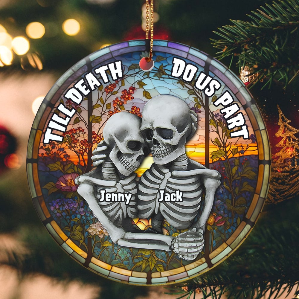 Till Death Do Us Part Personalized Skull Couple Ceramic Circle Ornament, Christmas Gift, Couple Gift - Ornament - GoDuckee