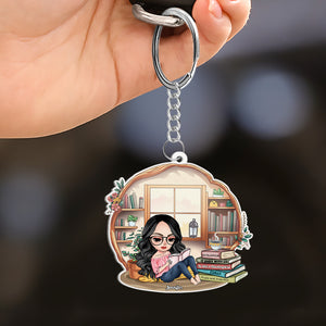 Gift For Book Lovers, Personalized Keychain, Girl Reading Book, Custom Title Book Keychain - Keychains - GoDuckee