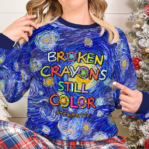 Broken Crayons Still Color, Gift For Teacher, Personalized Knitted Ugly Sweater, Teacher Crayon Sweater - AOP Products - GoDuckee