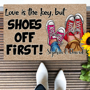 Love Is The Key But Shoes Off First, Personalized Doormat, Couple Shoes Gifts 02KADT040124 - Doormat - GoDuckee