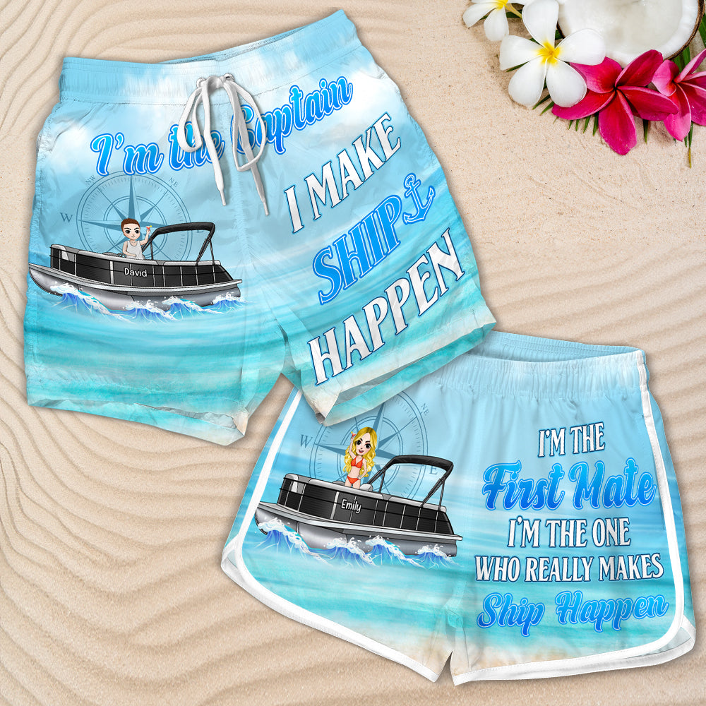 I'm The Captain- I Am The First Mate-Personalized Couple Beach Shorts-Gift For Him/ Gift For Her- Pontoon Couple Beach Shorts - Beach Shorts - GoDuckee