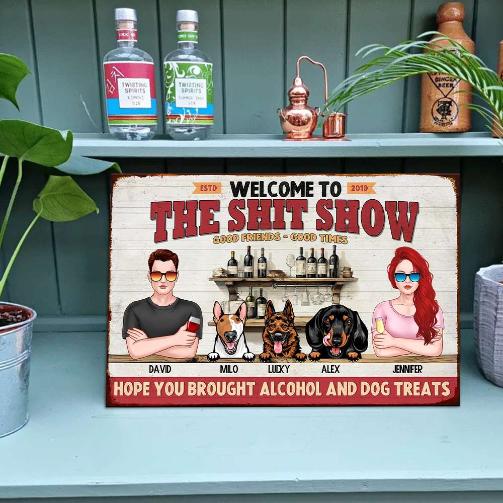 Gift For Couple, Personalized Metal Sign, Couple With Dog Metal Sign - Metal Wall Art - GoDuckee