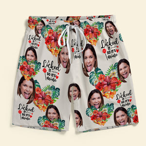 Licked It So It's Mine, Personalized Couple Beach Shorts, Tropical Flower Pattern, Gift For Him, Gift For Her - Beach Shorts - GoDuckee