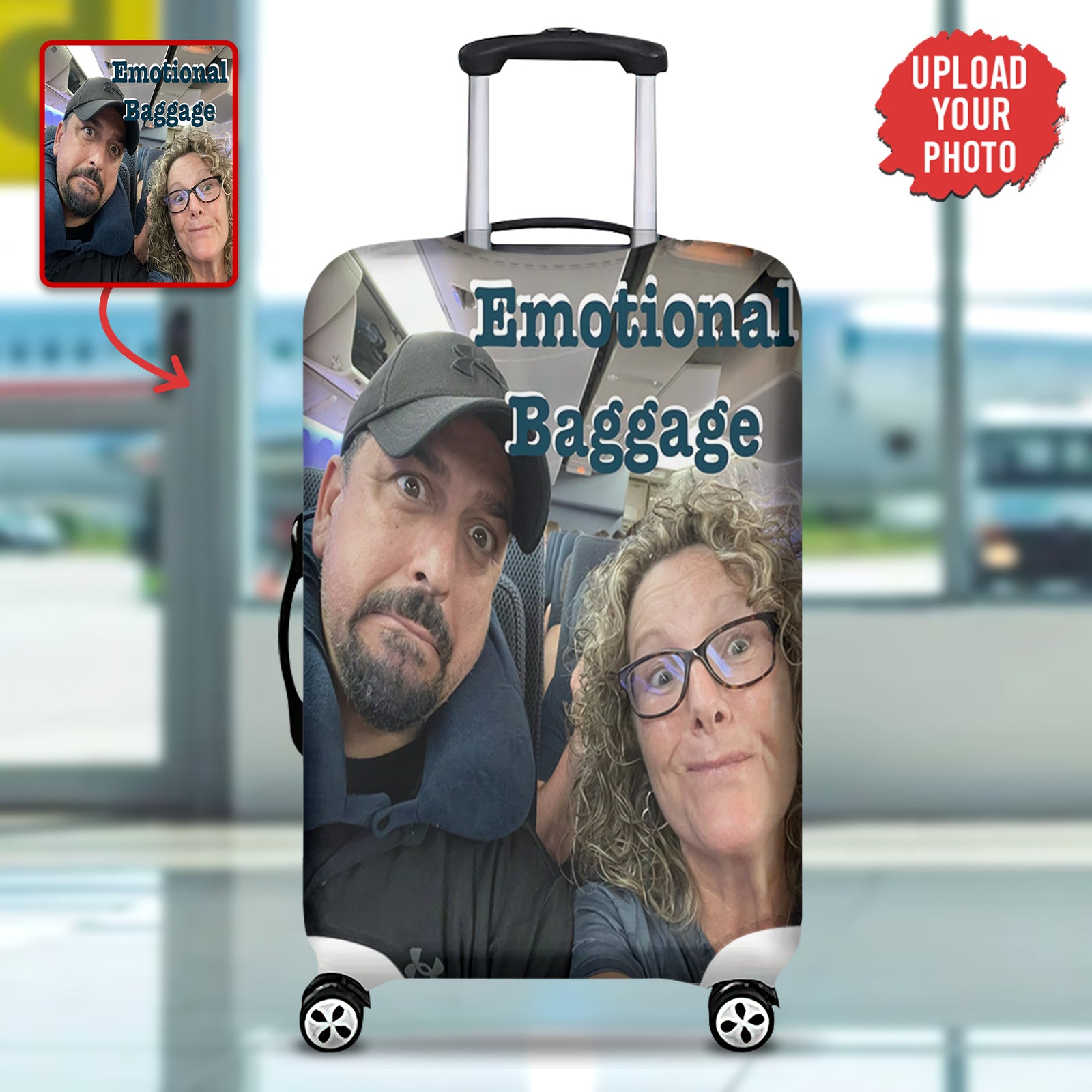 funny couple taking a selfie on the air plane luggage cover