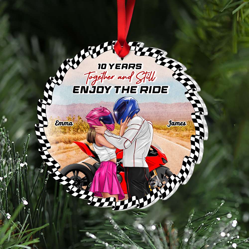 Together And Still Enjoy The Ride, Couple Gift, Personalized Acrylic Ornament, Biker Couple Ornament, Christmas Gift - Ornament - GoDuckee