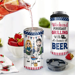 Couple, Weekend Forecast Griling With A Chance Of Beer, Personalized Can Cooler, Gift For Couple Camping - Can Cooler - GoDuckee