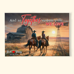 Personalized Gifts For Couple Canvas Print, Cowboy Couple Riding Horse On Sunset Prairie 03qhtn121224 - Poster & Canvas - GoDuckee