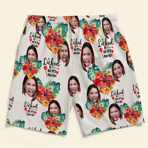 Licked It So It's Mine, Personalized Couple Beach Shorts, Tropical Flower Pattern, Gift For Him, Gift For Her - Beach Shorts - GoDuckee