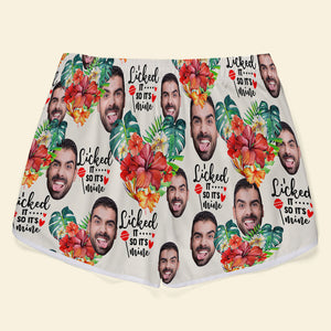 Licked It So It's Mine, Personalized Couple Beach Shorts, Tropical Flower Pattern, Gift For Him, Gift For Her - Beach Shorts - GoDuckee