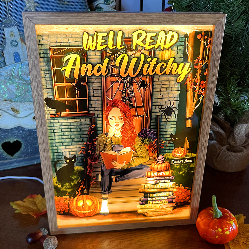 Well Read And Witchy, Gift For Book Lover, Personalized Light Picture Frame, Girl Reading Books Light Frame, Halloween Gift TT - Poster & Canvas - GoDuckee