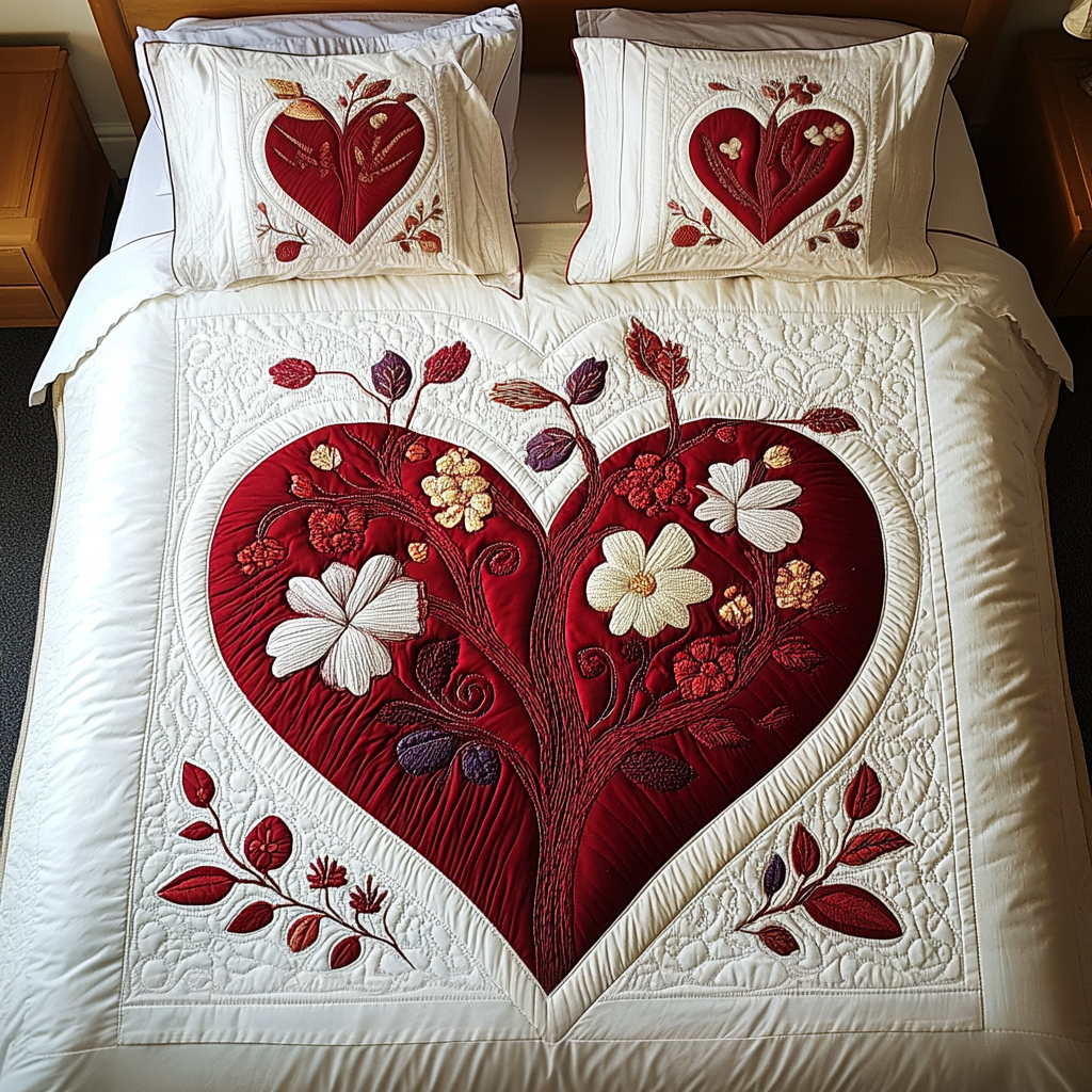 Blushing Heart With Floral Quilt Bedding Set - Blanket - GoDuckee