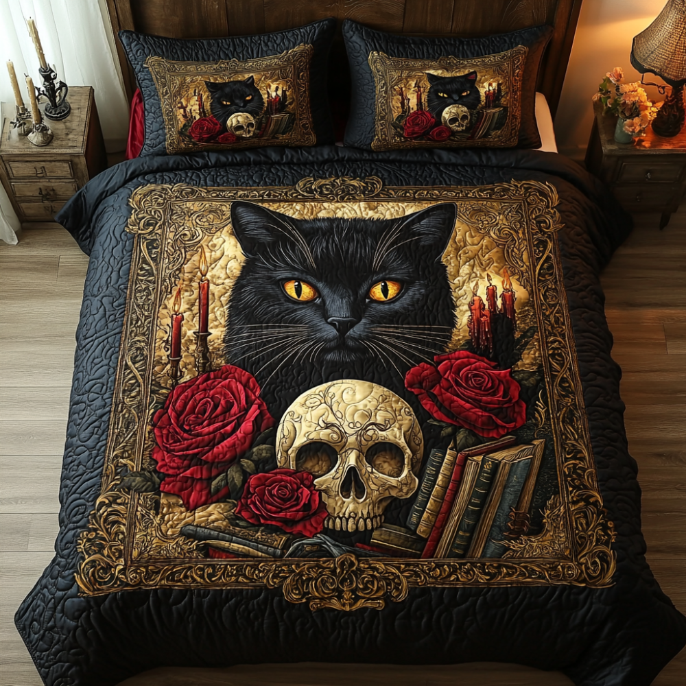 Gifts For Cat Lovers Quilt Bed Set Black Cat With Skull - Blanket - GoDuckee