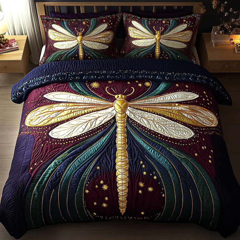 Gift For Dragonfly Lovers Quilt Bedding Set, Enchanted Dragonfly At Night - Blanket - GoDuckee