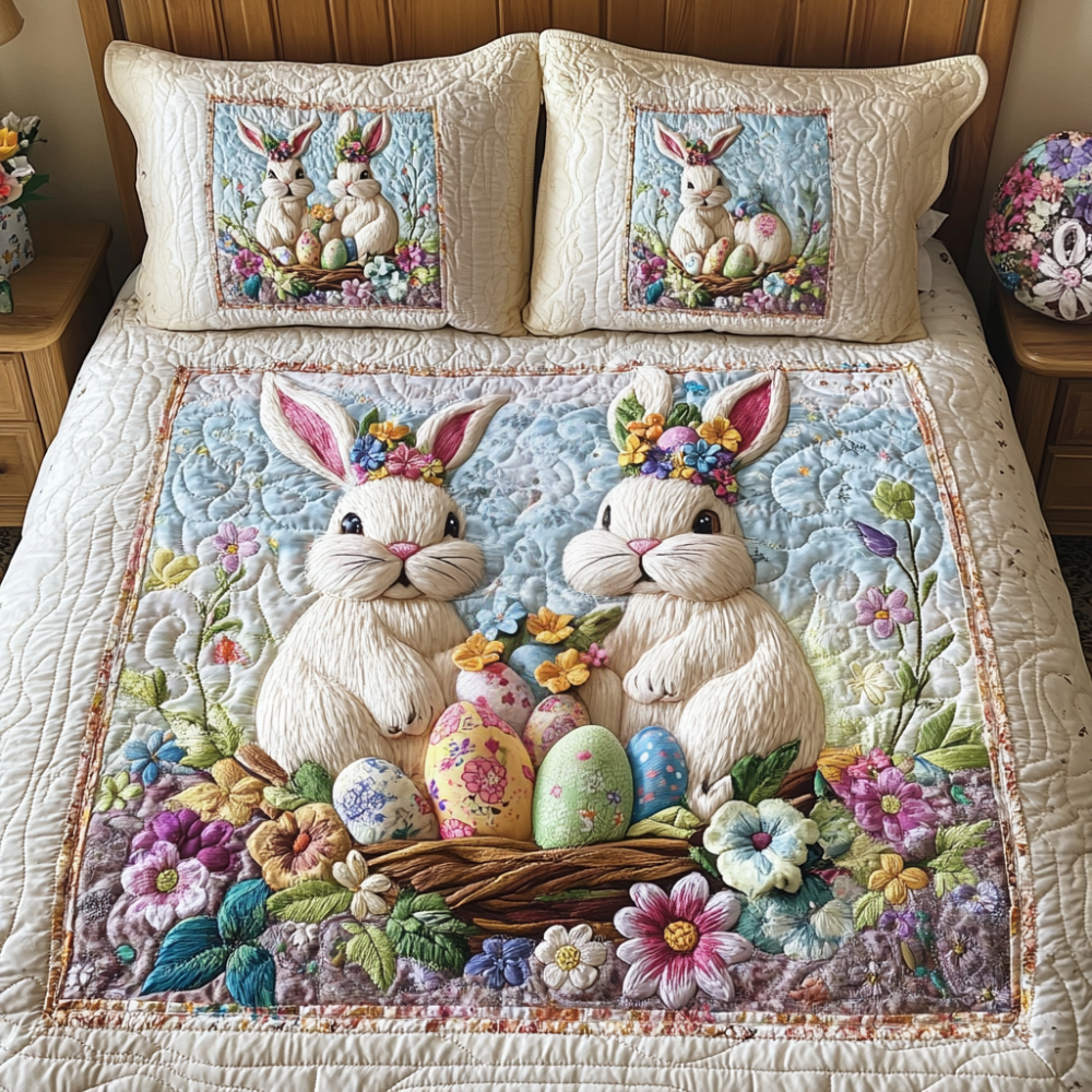 Gifts for Rabbit Lovers Quilt Bed Set Easter Bunny Eggs Flower - Blanket - GoDuckee